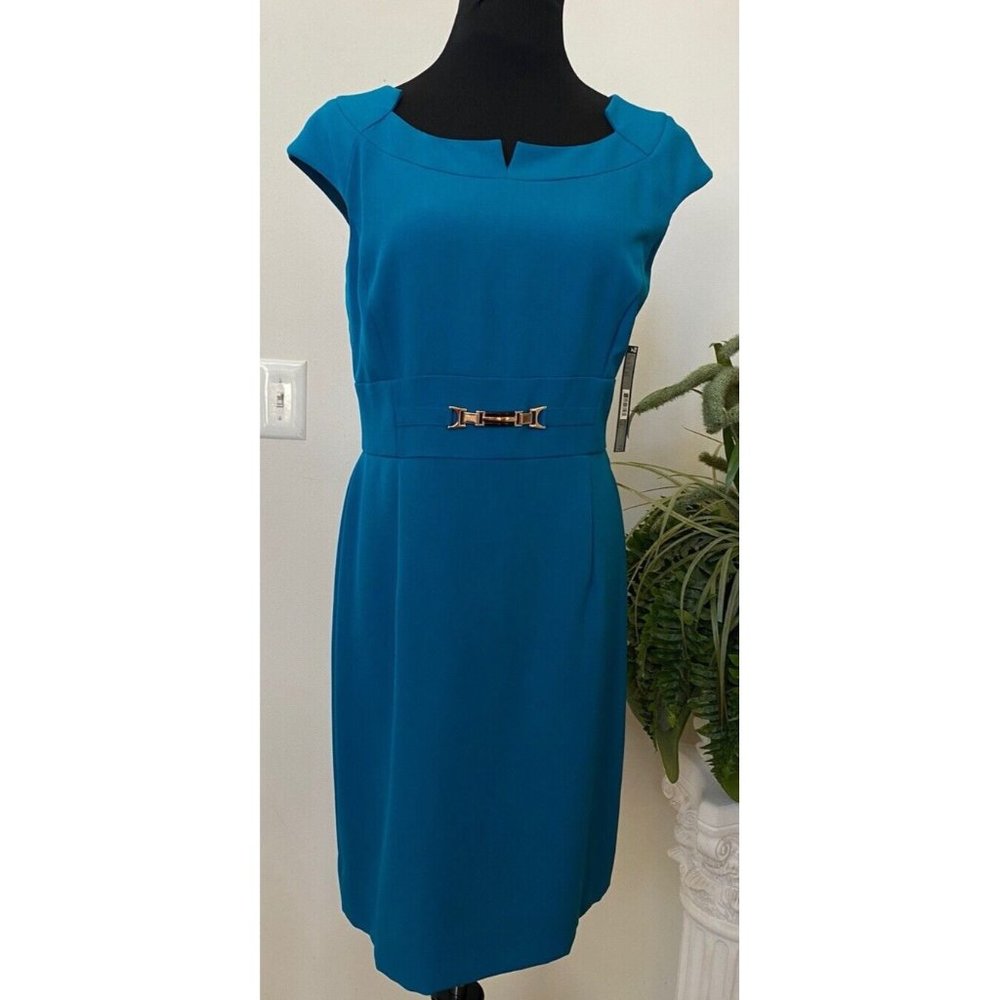 NWT Tahari Women’s Peacock Turquoise Polyester Blend Sheath Dress Size 12P, $128